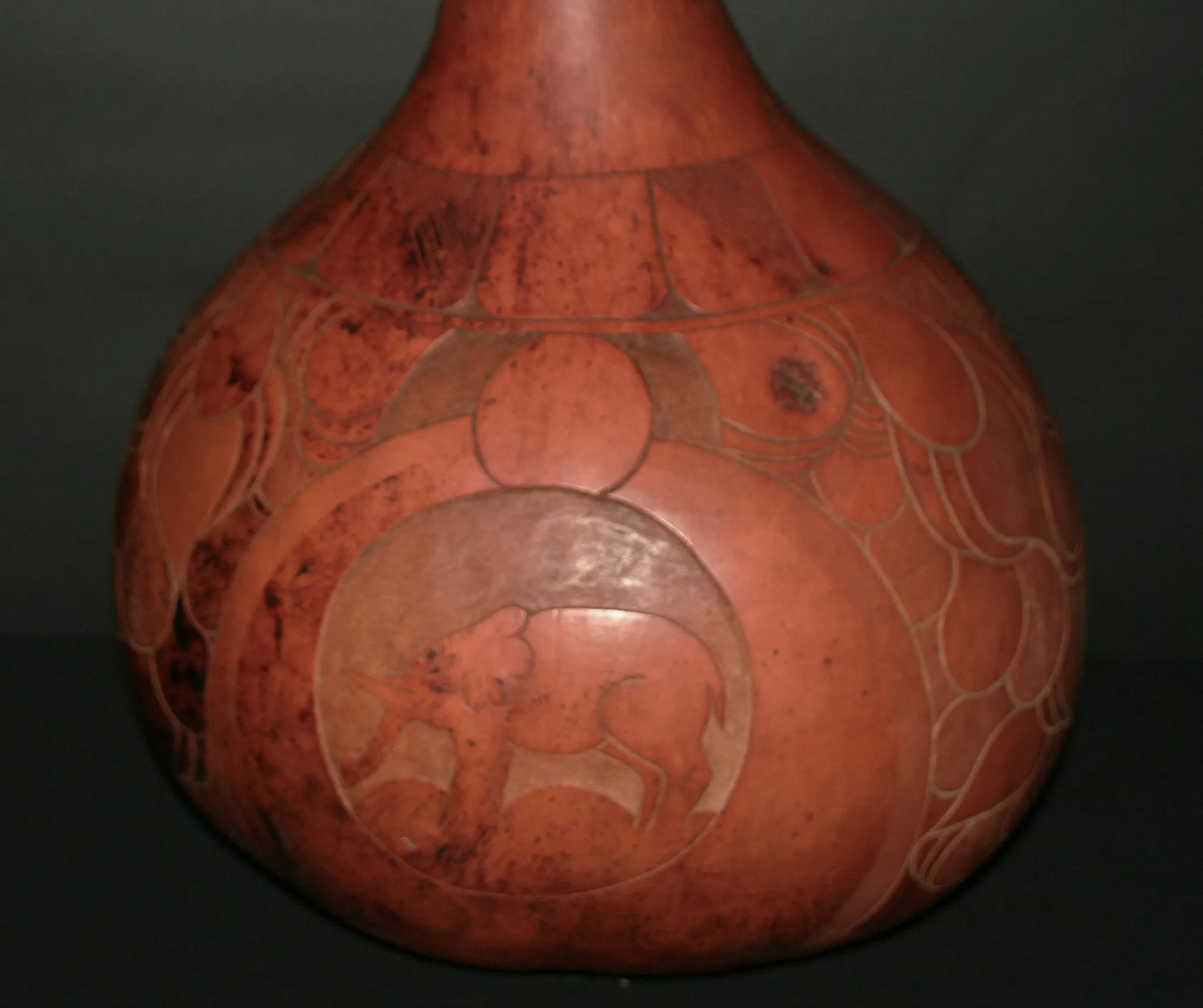 African Carved Calabash Gourd Birds Elephant Vintage