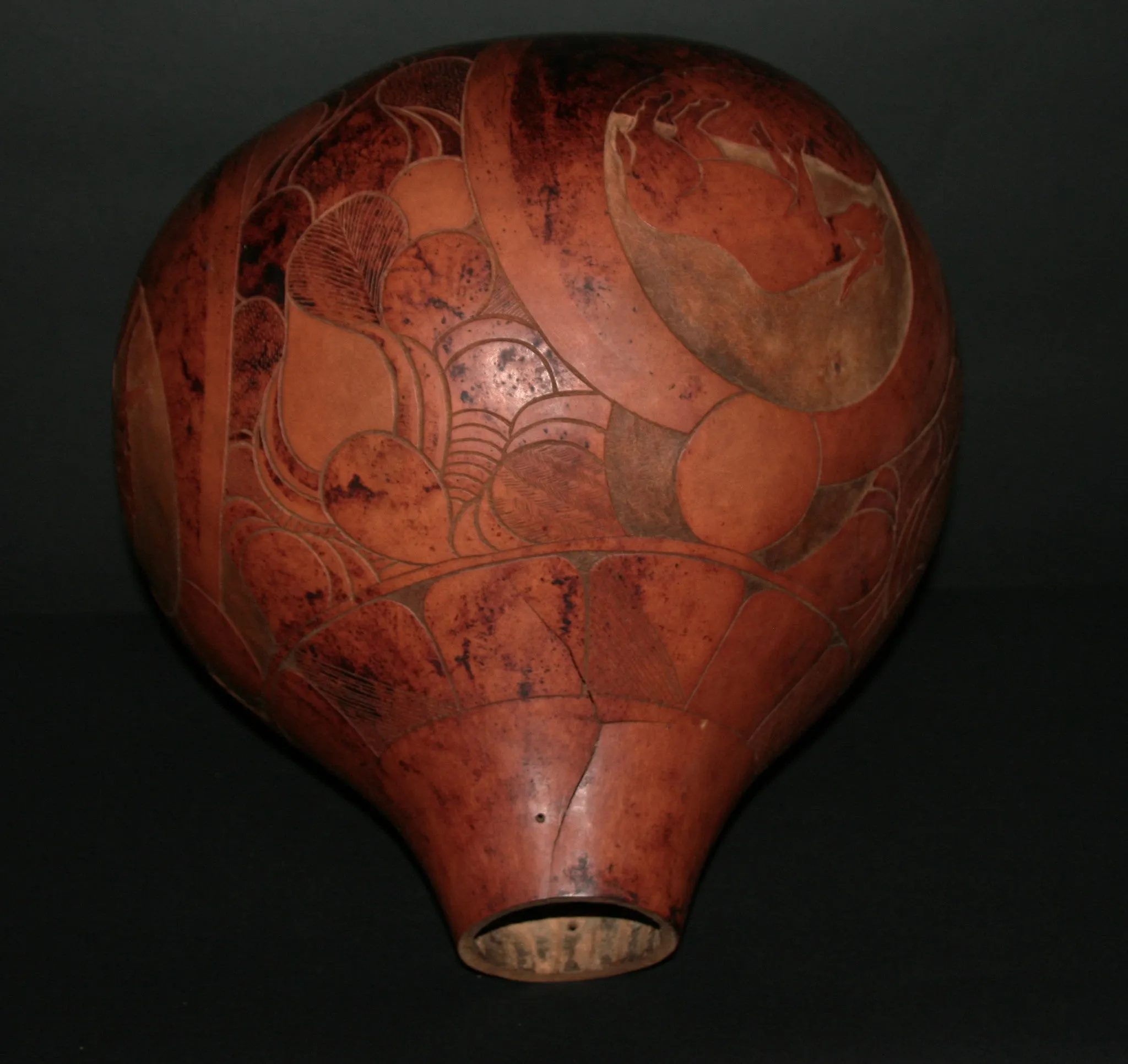 African Carved Calabash Gourd Birds Elephant Vintage