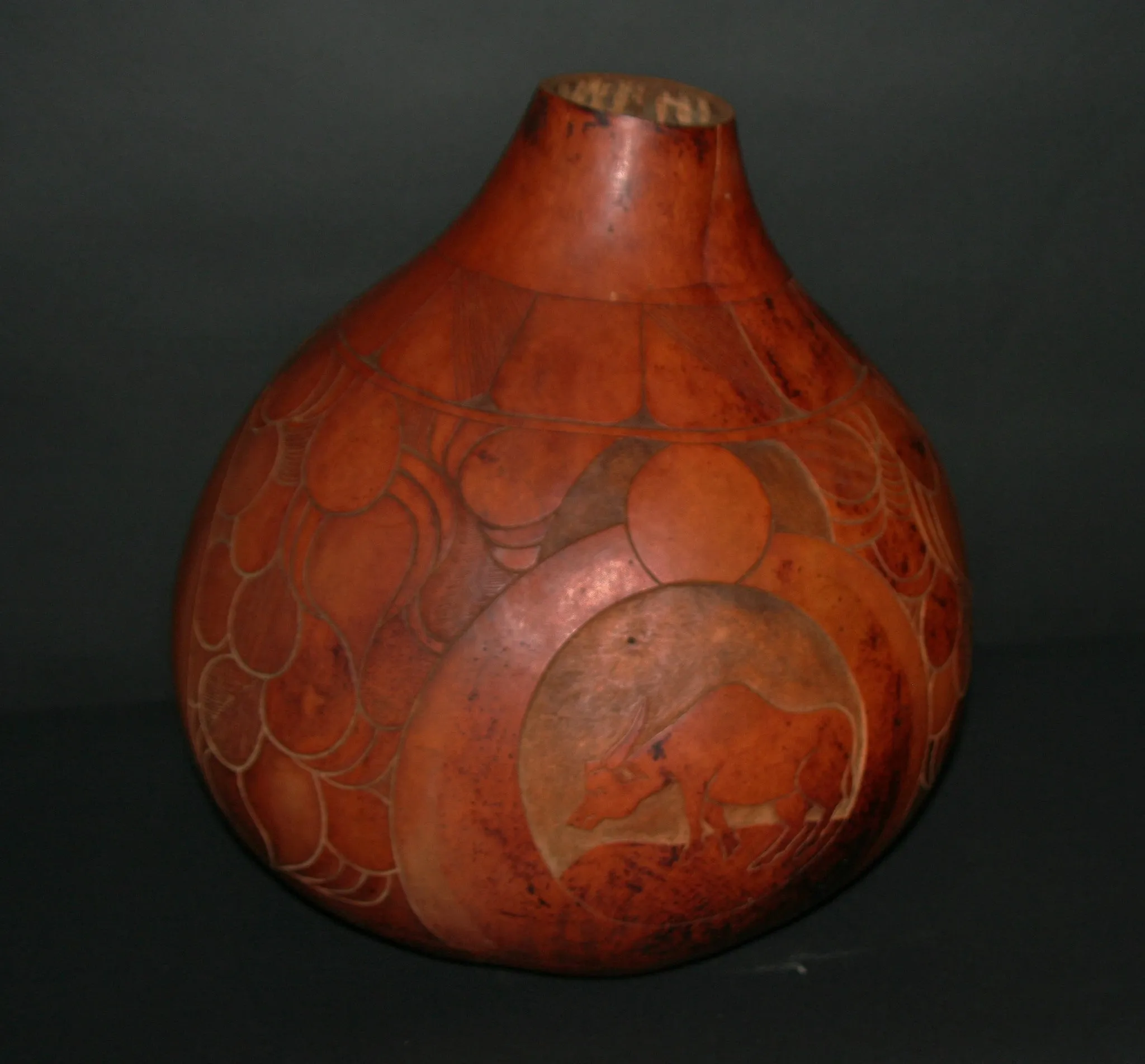 African Carved Calabash Gourd Birds Elephant Vintage