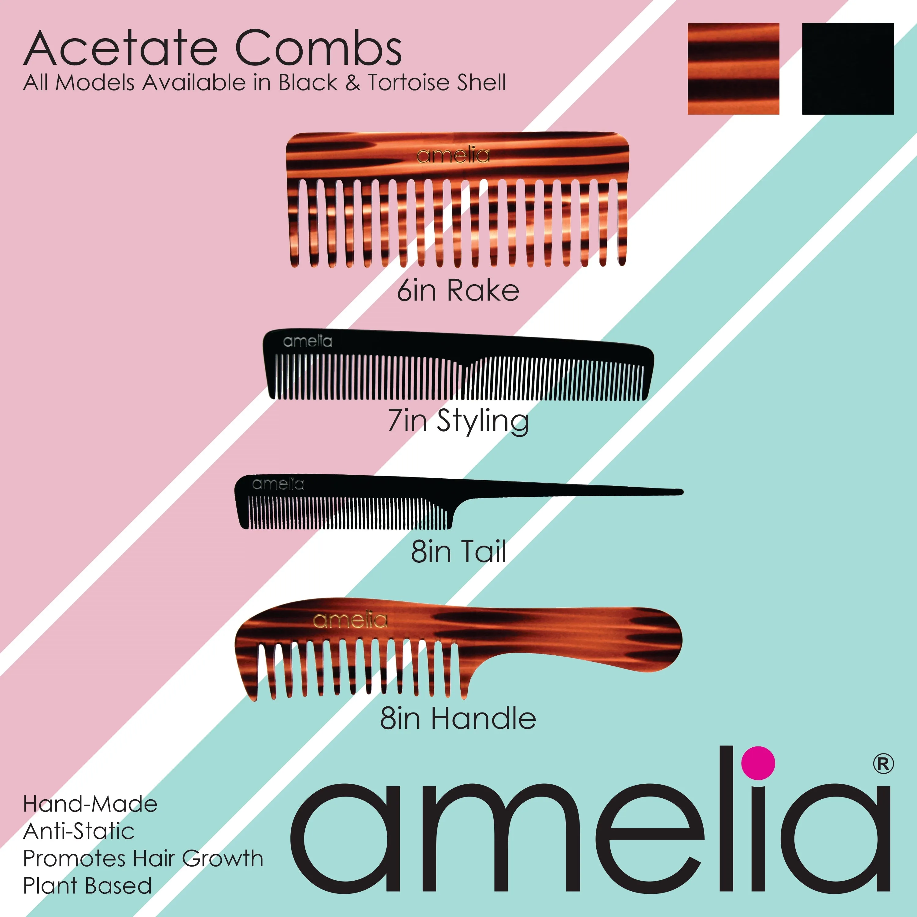 Amelia Beauty Cellulose Acetate 7in Styling Comb, Handmade, Smooth Edges, Eco-Friendly Plant Based Material, Fine and Course Teeth - Tortoise Shell Color