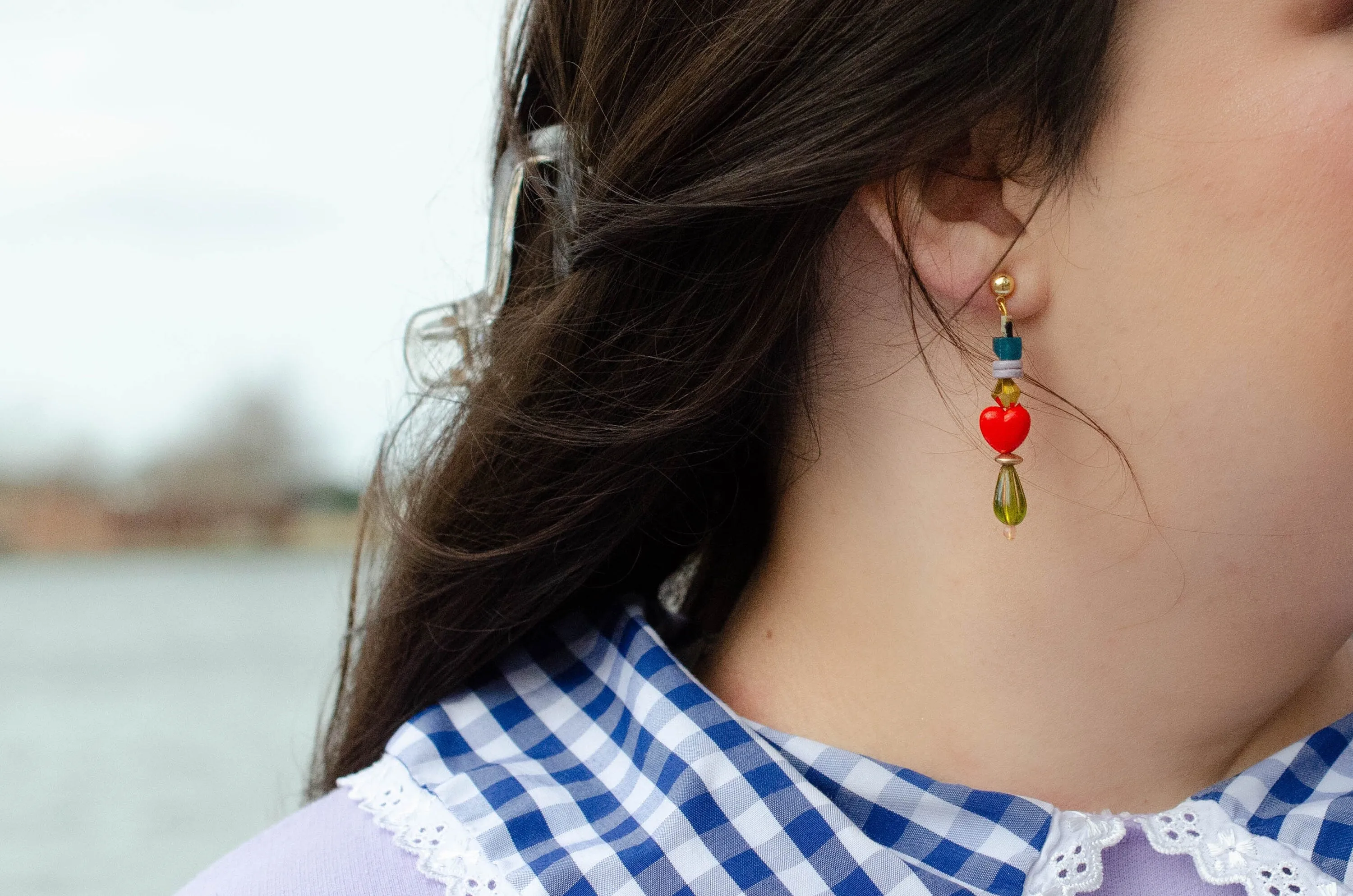 Beaded heart statement earrings, minimalist style, beaded dangle earrings, colorful heart earrings, Valentine's Day gift, unique earrings