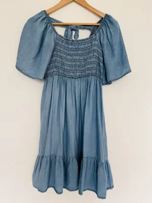 BLU PEPPER Smocked Mini Dress Sz S Tiered Puff Sleeves Tie Back Boho Western