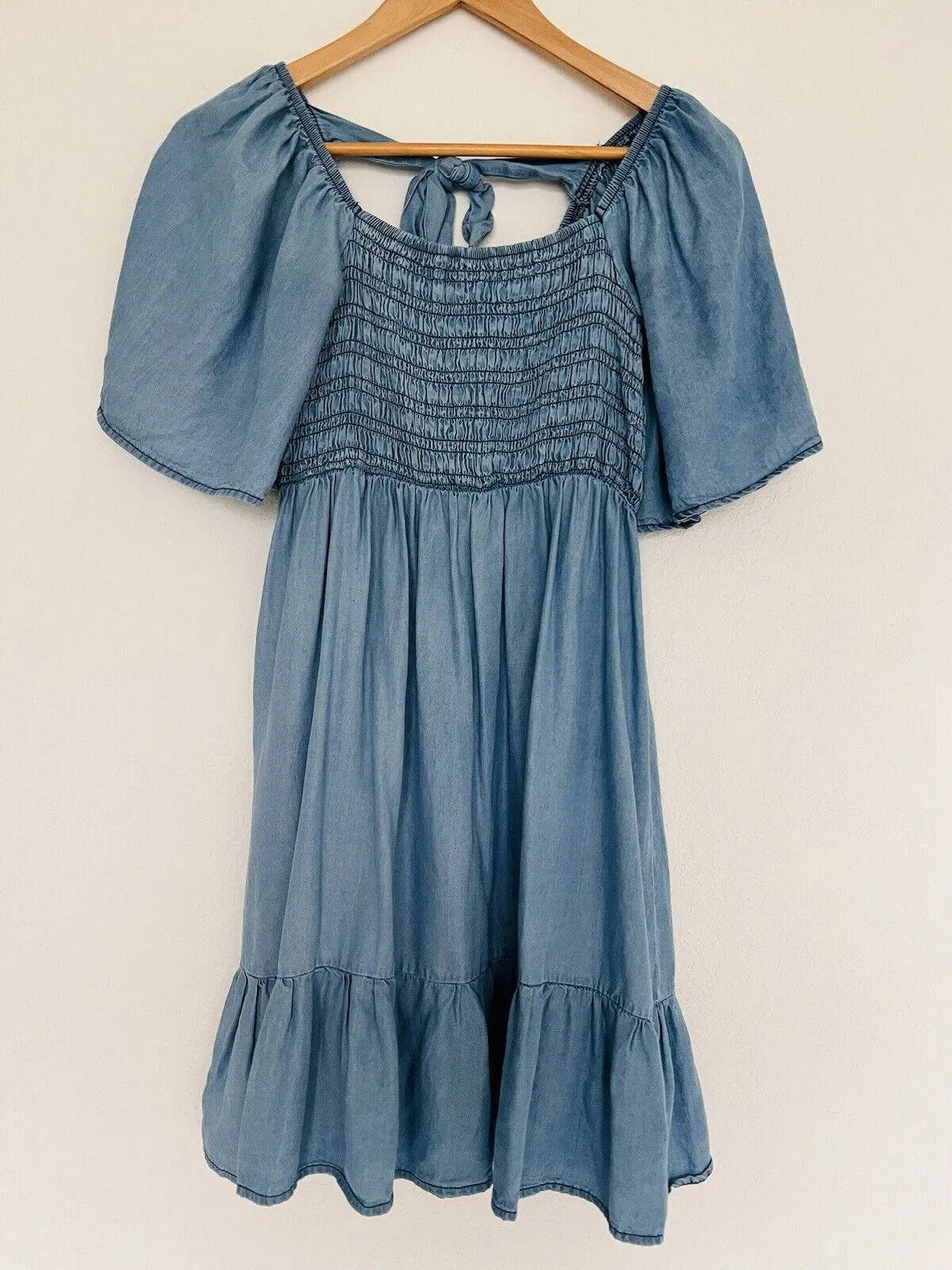 BLU PEPPER Smocked Mini Dress Sz S Tiered Puff Sleeves Tie Back Boho Western