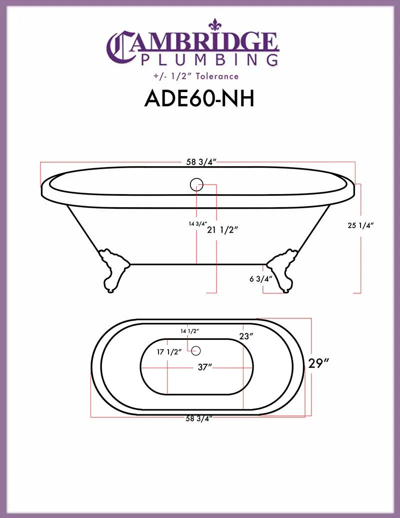 Cambridge Plumbing Acrylic Double Ended Clawfoot Bathtub 60" X 30" with No Faucet Drillings and Oil Rubbed Bronze Feet