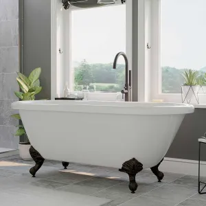 Cambridge Plumbing Acrylic Double Ended Clawfoot Bathtub 60" X 30" with No Faucet Drillings and Oil Rubbed Bronze Feet