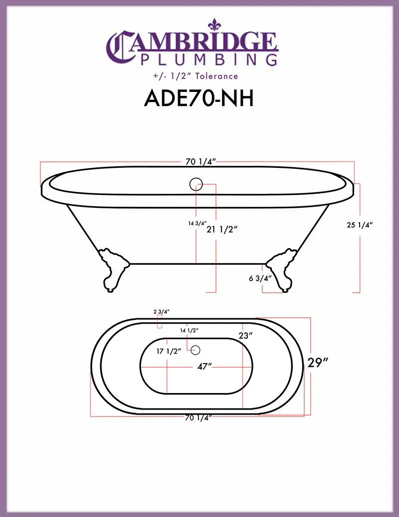 Cambridge Plumbing Acrylic Double Ended Clawfoot Bathtub 70" X 30" with No Faucet Drillings and Brushed Nickel Feet