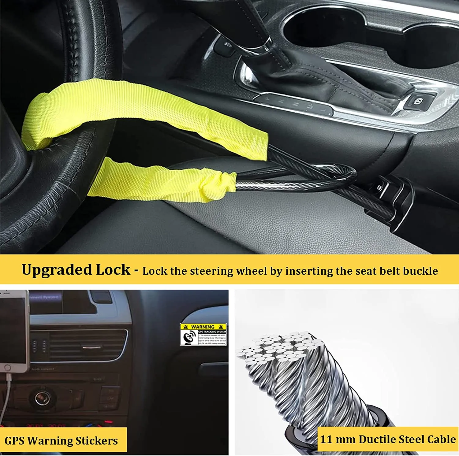 Car Steering Wheel Lock Seat Belt Lock with 4pcs GPS Tracking Sticker, Sturdy Car Security Anti Theft Car Device, Steering Wheel Lock Anti-Theft Device   2 Keys Universal Fit Truck/SUV/Van