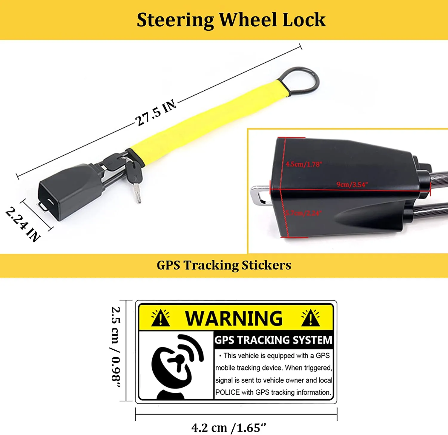 Car Steering Wheel Lock Seat Belt Lock with 4pcs GPS Tracking Sticker, Sturdy Car Security Anti Theft Car Device, Steering Wheel Lock Anti-Theft Device   2 Keys Universal Fit Truck/SUV/Van