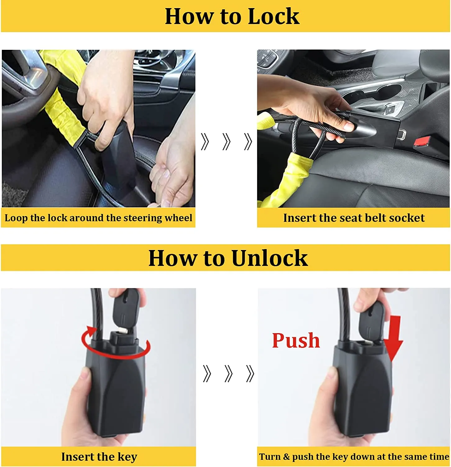 Car Steering Wheel Lock Seat Belt Lock with 4pcs GPS Tracking Sticker, Sturdy Car Security Anti Theft Car Device, Steering Wheel Lock Anti-Theft Device   2 Keys Universal Fit Truck/SUV/Van