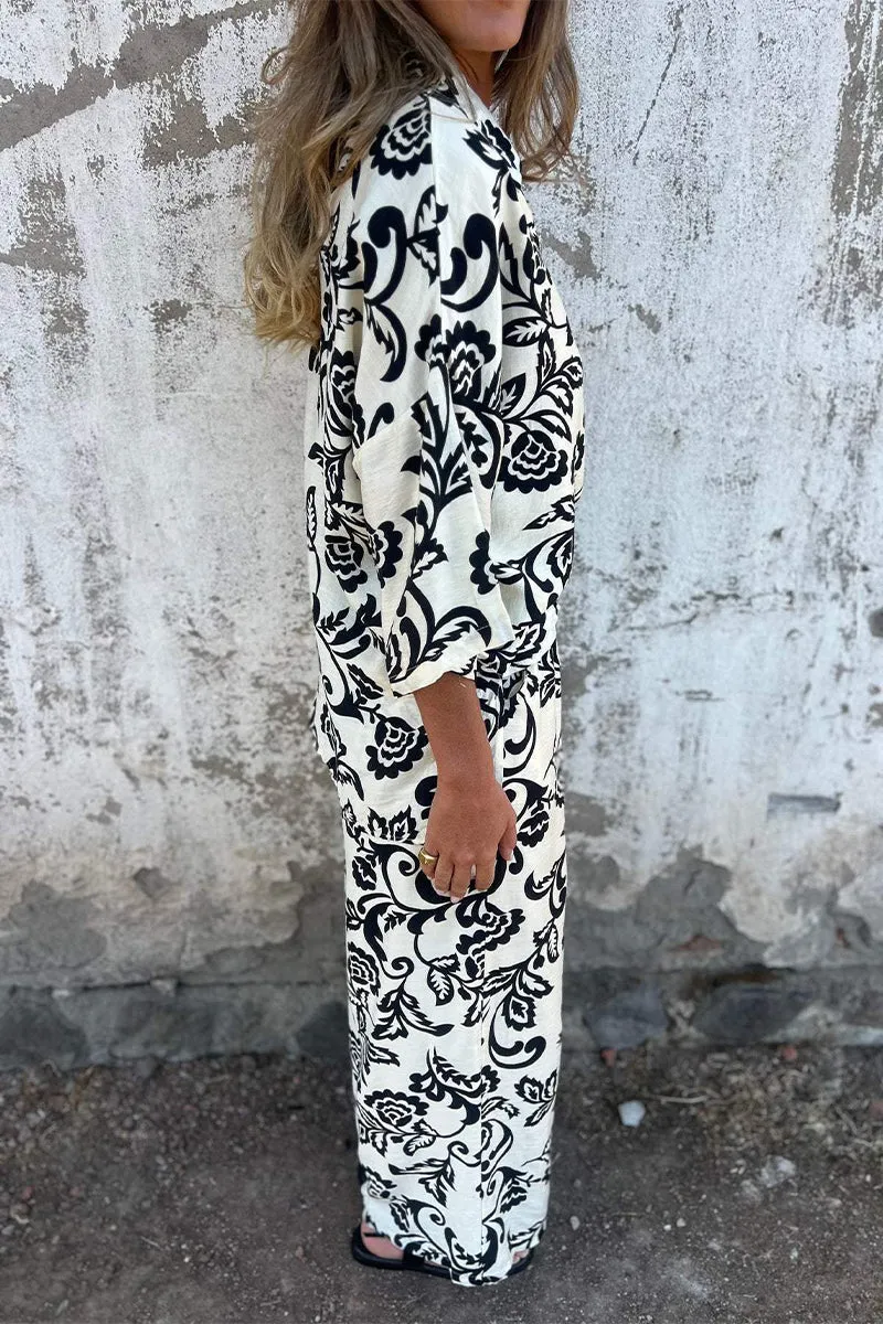 Casual Floral Print Pocket Contrast Turndown Collar Three Quarter Two Pieces