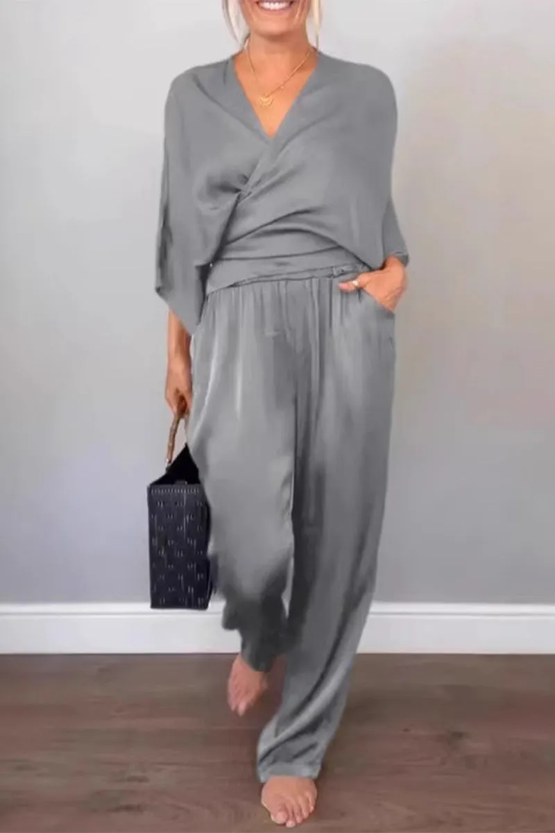 Casual Pocket V Neck Three Quarter Two Pieces(7 Colors)