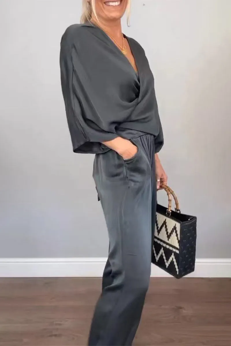Casual Pocket V Neck Three Quarter Two Pieces(7 Colors)