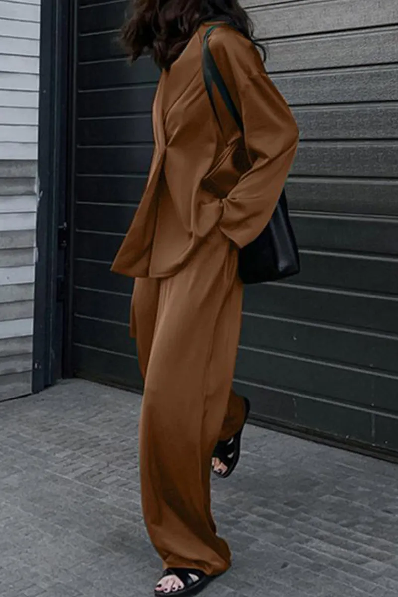 Casual Simplicity Solid Pocket Turndown Collar Long Sleeve Two Pieces