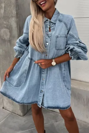 Casual Street Pocket Buttons Turndown Collar Long Sleeve Loose Denim Dresses