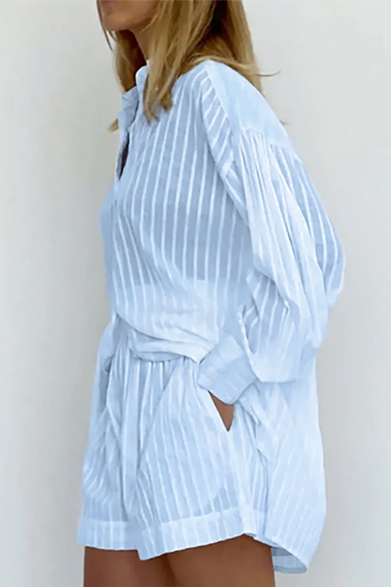 Casual Striped Patchwork Pocket Turndown Collar Long Sleeve Two Pieces