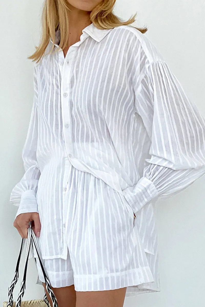 Casual Striped Patchwork Pocket Turndown Collar Long Sleeve Two Pieces