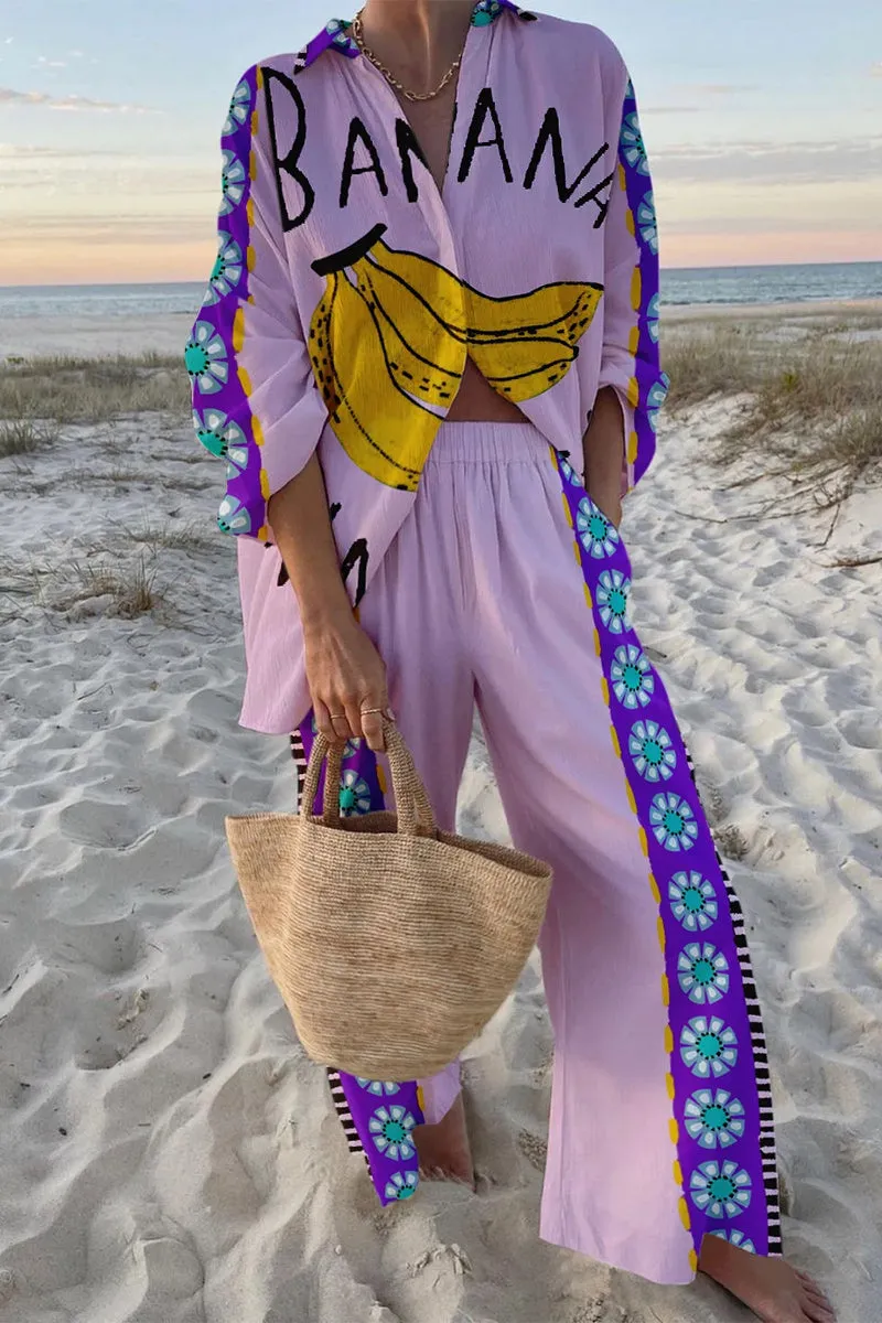 Casual Vacation Graffiti Print Pocket Buttons Contrast Turndown Collar Long Sleeve Two Pieces(9 Colors)