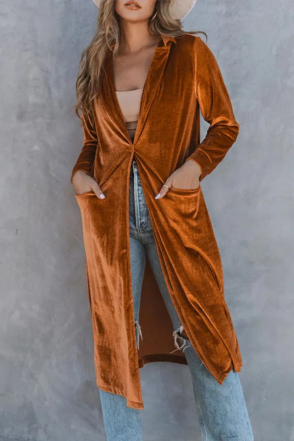 Casual Velvet Lapel Pocket Long Coat