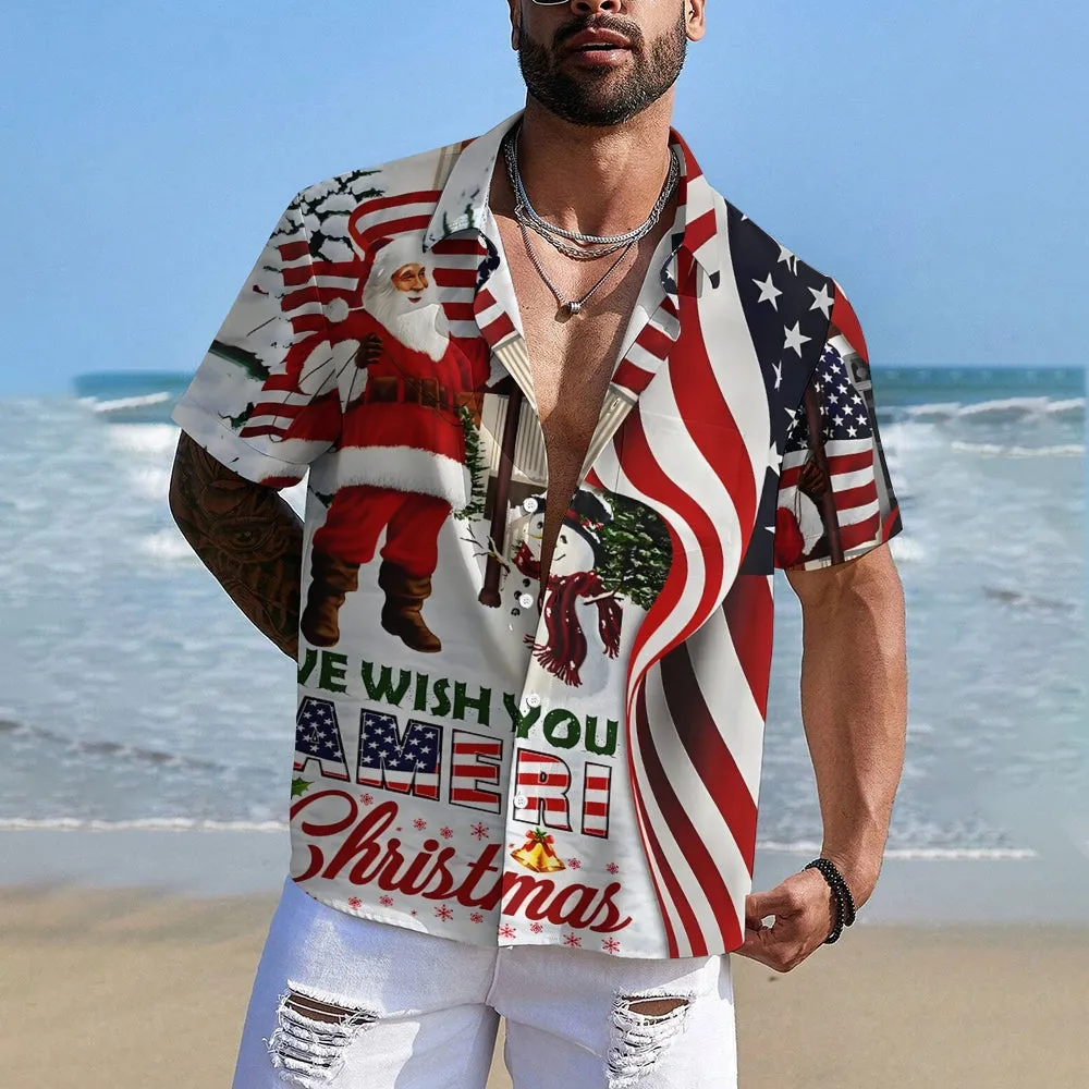 Christmas Themed Casual Printed Chest Pocket Short Sleeved Shirt 2309000567