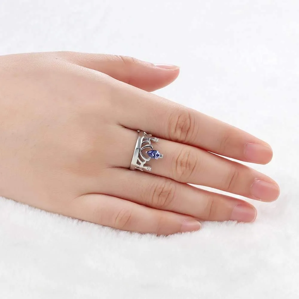Classic Crown Birthstone Ring 925 Sterling Silver Engraved Name Personalized Gift