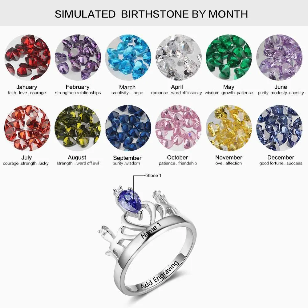 Classic Crown Birthstone Ring 925 Sterling Silver Engraved Name Personalized Gift