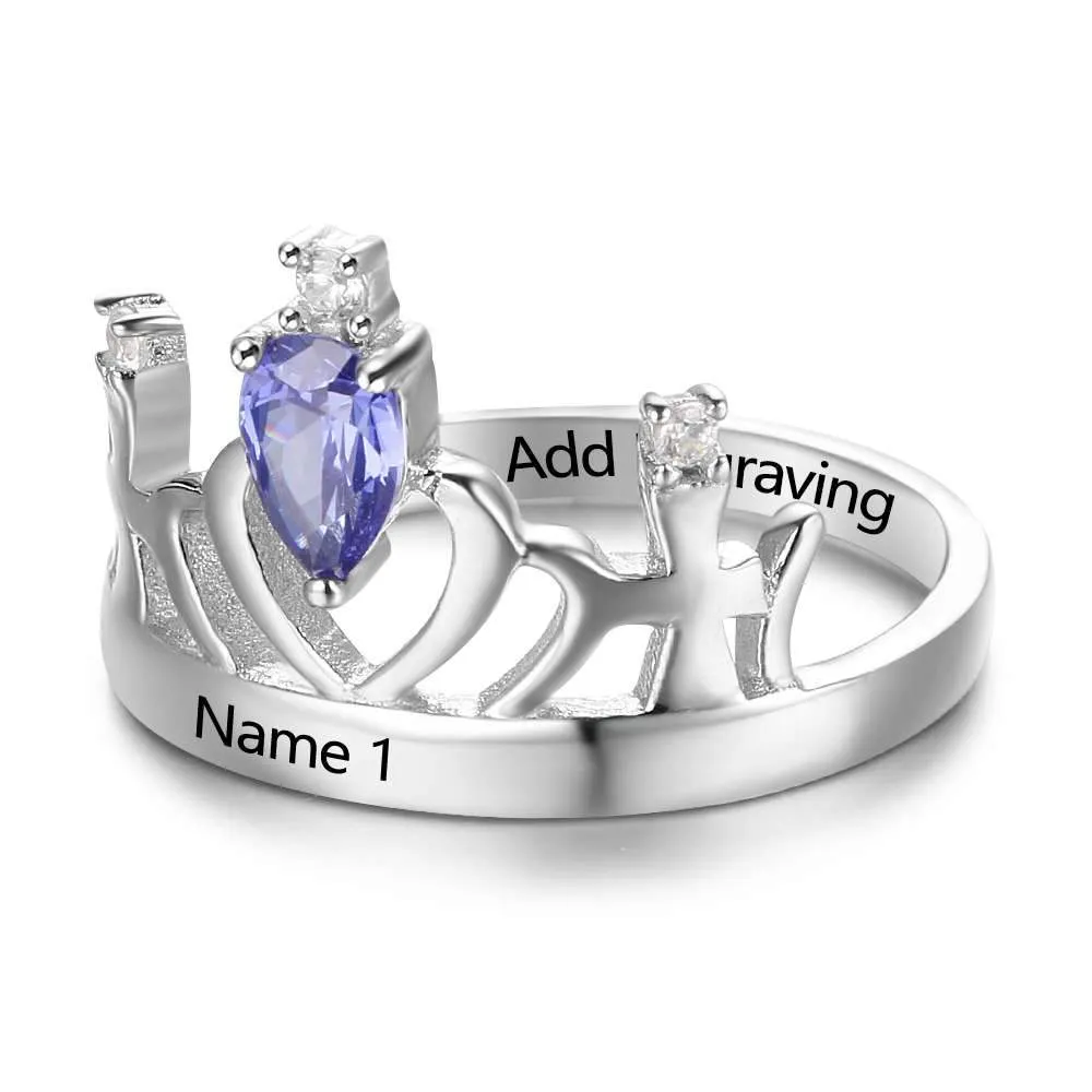 Classic Crown Birthstone Ring 925 Sterling Silver Engraved Name Personalized Gift