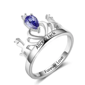 Classic Crown Birthstone Ring 925 Sterling Silver Engraved Name Personalized Gift