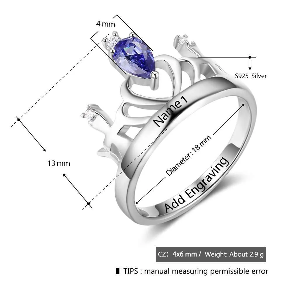 Classic Crown Birthstone Ring 925 Sterling Silver Engraved Name Personalized Gift