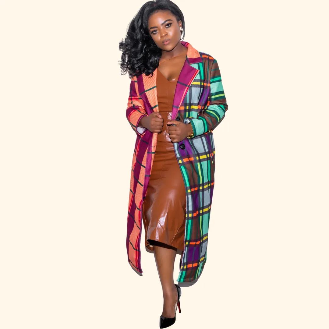 Color Blocking Long Sleeve Lapel Plaid Spring Jacket