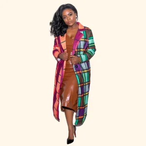 Color Blocking Long Sleeve Lapel Plaid Spring Jacket