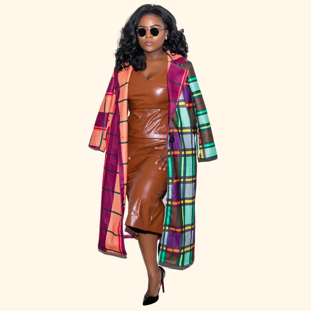 Color Blocking Long Sleeve Lapel Plaid Spring Jacket