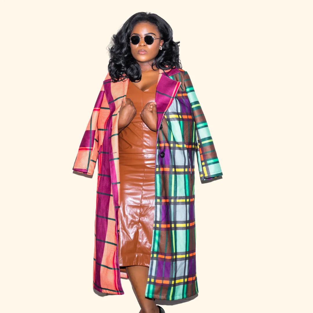 Color Blocking Long Sleeve Lapel Plaid Spring Jacket