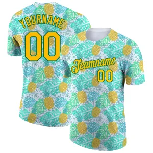 Custom White Yellow-Kelly Green 3D Pattern Design Hawaii Tropical Palm Leaves And Pineapple Performance T-Shirt