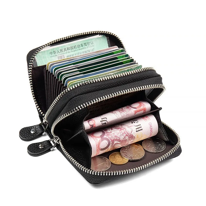 Cyflymder RFID Blocking Fashion Women Card Holder Genuine Leather Double Zipper Large Capacity Female Wallet Purse