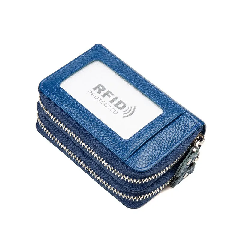 Cyflymder RFID Blocking Fashion Women Card Holder Genuine Leather Double Zipper Large Capacity Female Wallet Purse