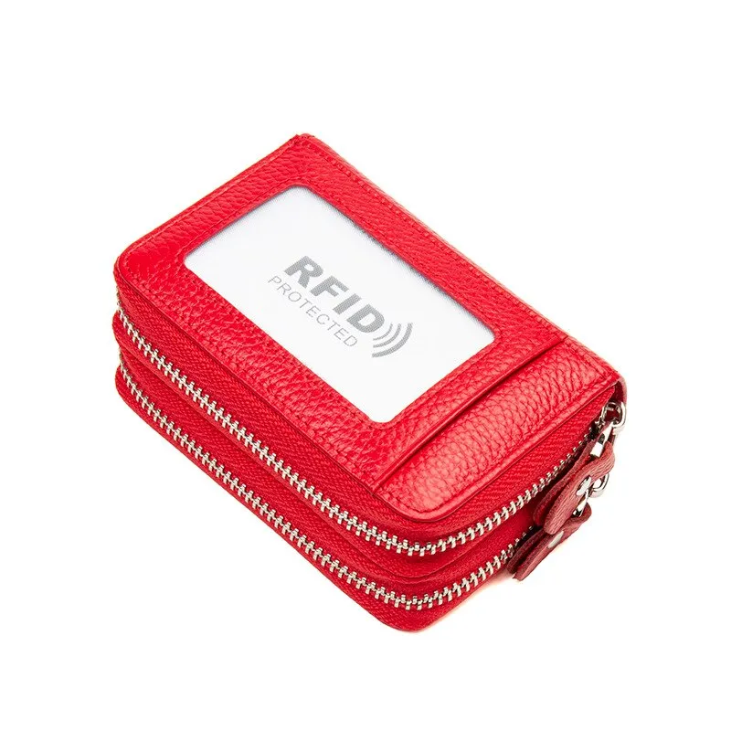 Cyflymder RFID Blocking Fashion Women Card Holder Genuine Leather Double Zipper Large Capacity Female Wallet Purse