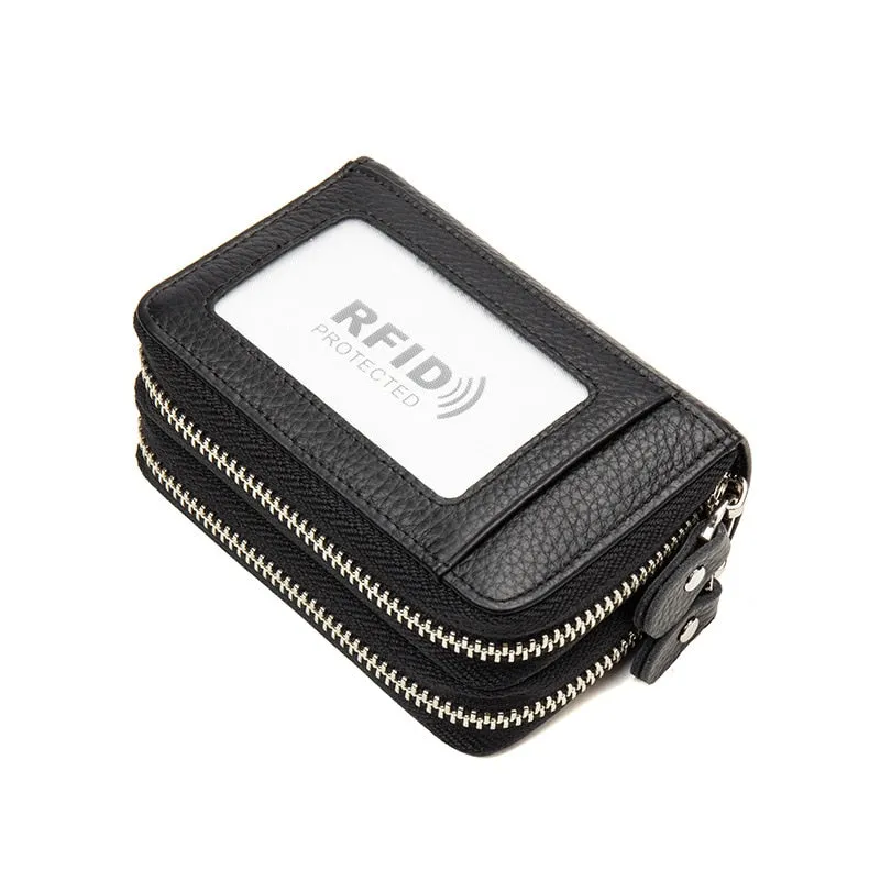 Cyflymder RFID Blocking Fashion Women Card Holder Genuine Leather Double Zipper Large Capacity Female Wallet Purse
