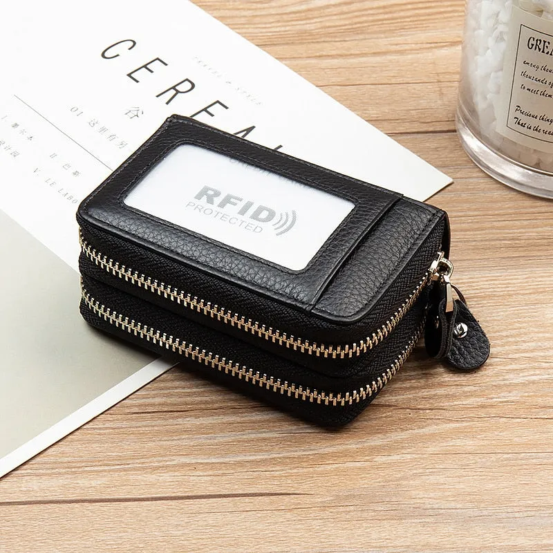 Cyflymder RFID Blocking Fashion Women Card Holder Genuine Leather Double Zipper Large Capacity Female Wallet Purse