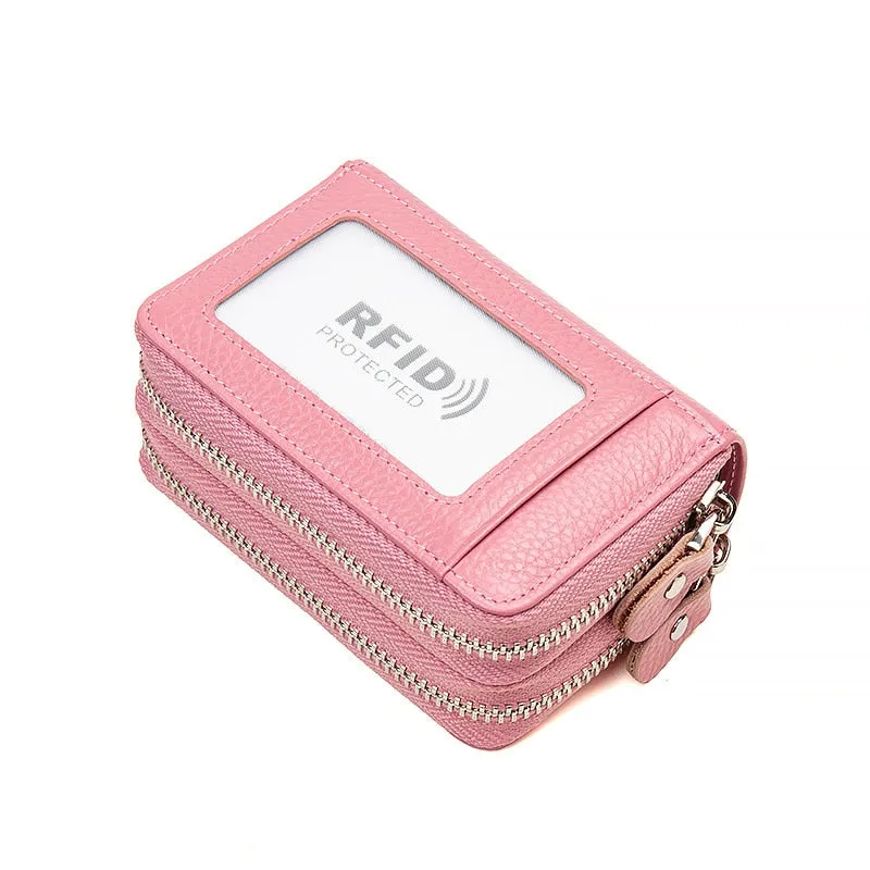 Cyflymder RFID Blocking Fashion Women Card Holder Genuine Leather Double Zipper Large Capacity Female Wallet Purse