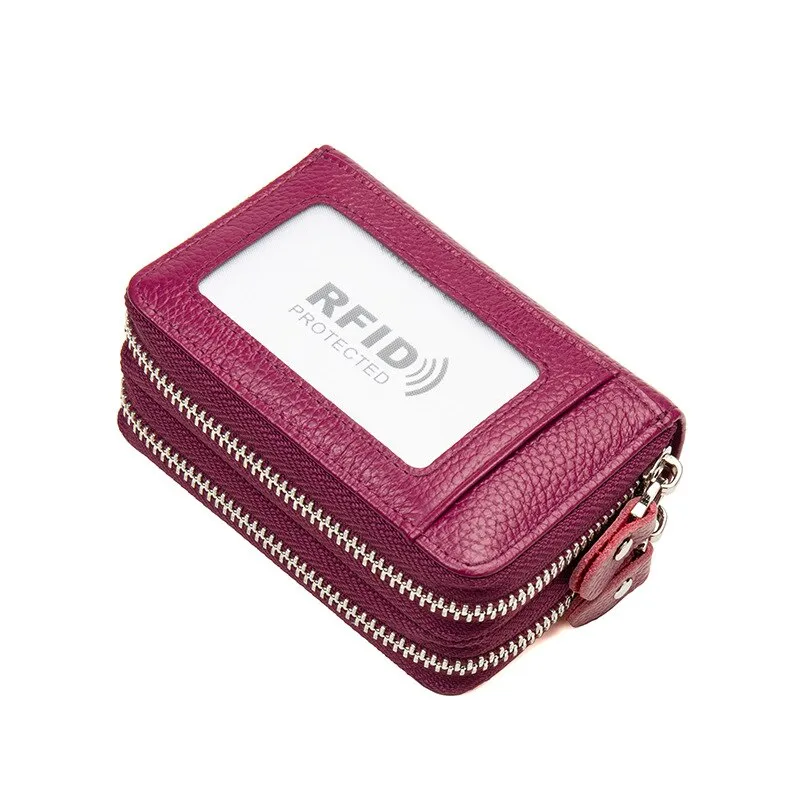 Cyflymder RFID Blocking Fashion Women Card Holder Genuine Leather Double Zipper Large Capacity Female Wallet Purse