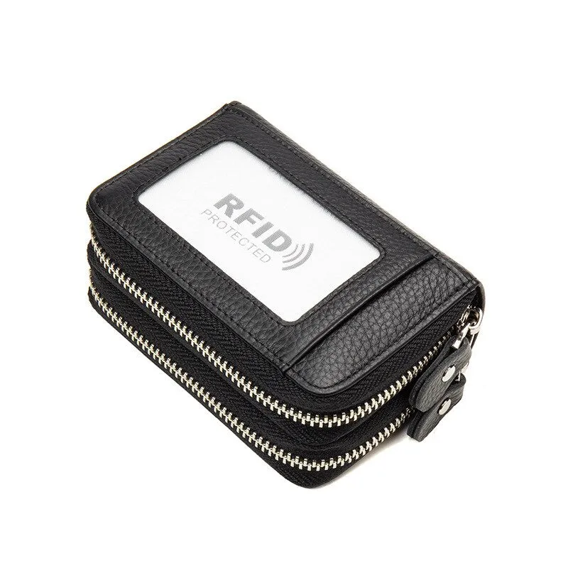 Cyflymder RFID Blocking Fashion Women Card Holder Genuine Leather Double Zipper Large Capacity Female Wallet Purse