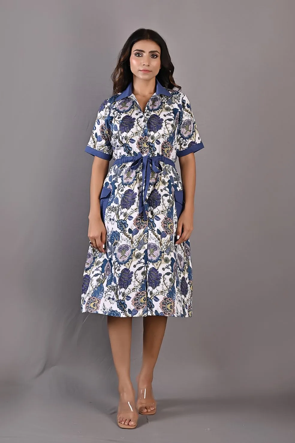 Delphine- Printed Shirt Dress with Attached Fabric Belt