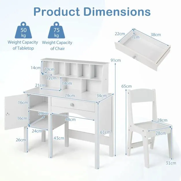 Deluxe Spine Supporting Kids Desk | Bureau | Hutch Desk & Chair | White | 3-12 Years