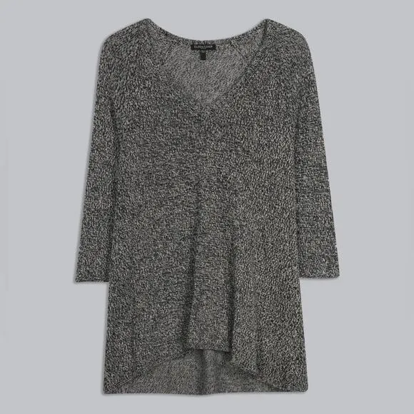 EILEEN FISHER | Wool Linen Mesh Woven  V-Neck 3/4 Sleeve Sweater | Medium