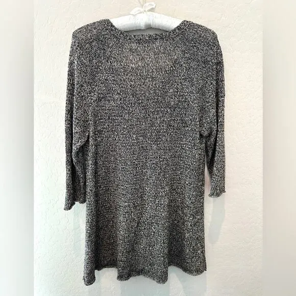 EILEEN FISHER | Wool Linen Mesh Woven  V-Neck 3/4 Sleeve Sweater | Medium