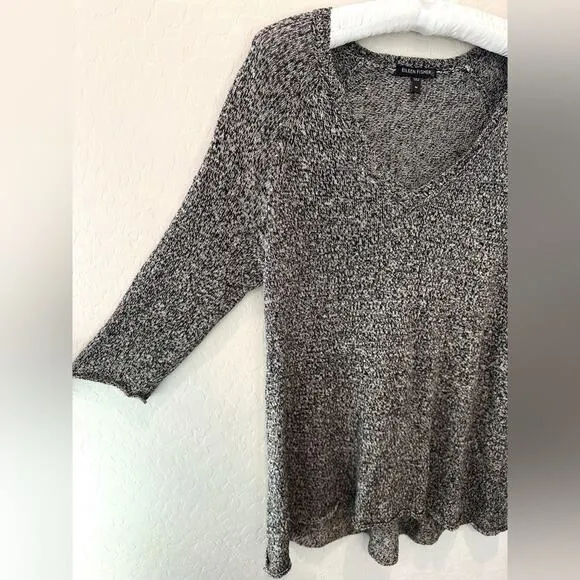 EILEEN FISHER | Wool Linen Mesh Woven  V-Neck 3/4 Sleeve Sweater | Medium