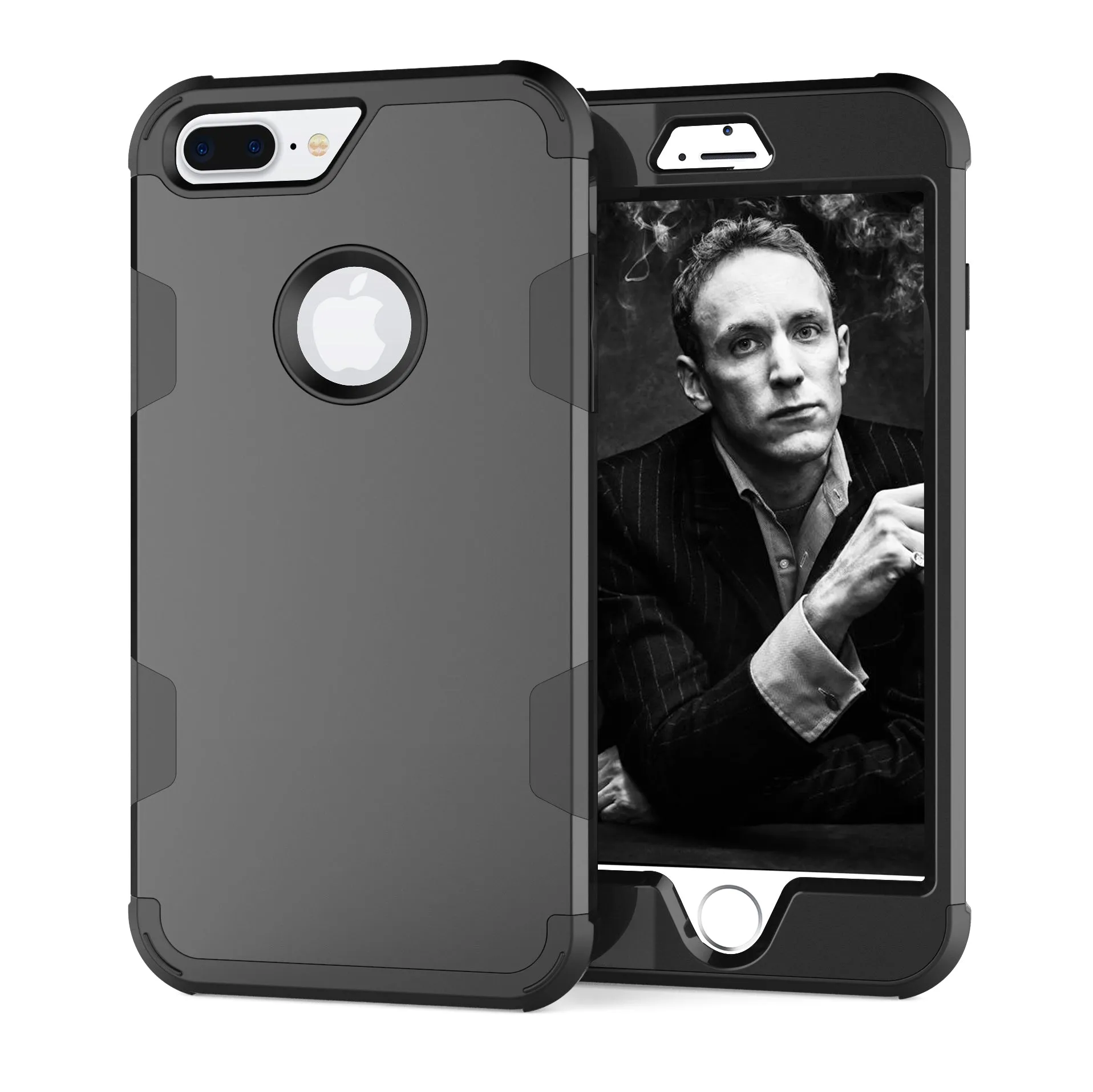 For iPhone 7 plus PC  Silicone 2 in 1 Hit Color Tri-proof Shockproof Dustproof Anti-fall Protective Cover Back Case black