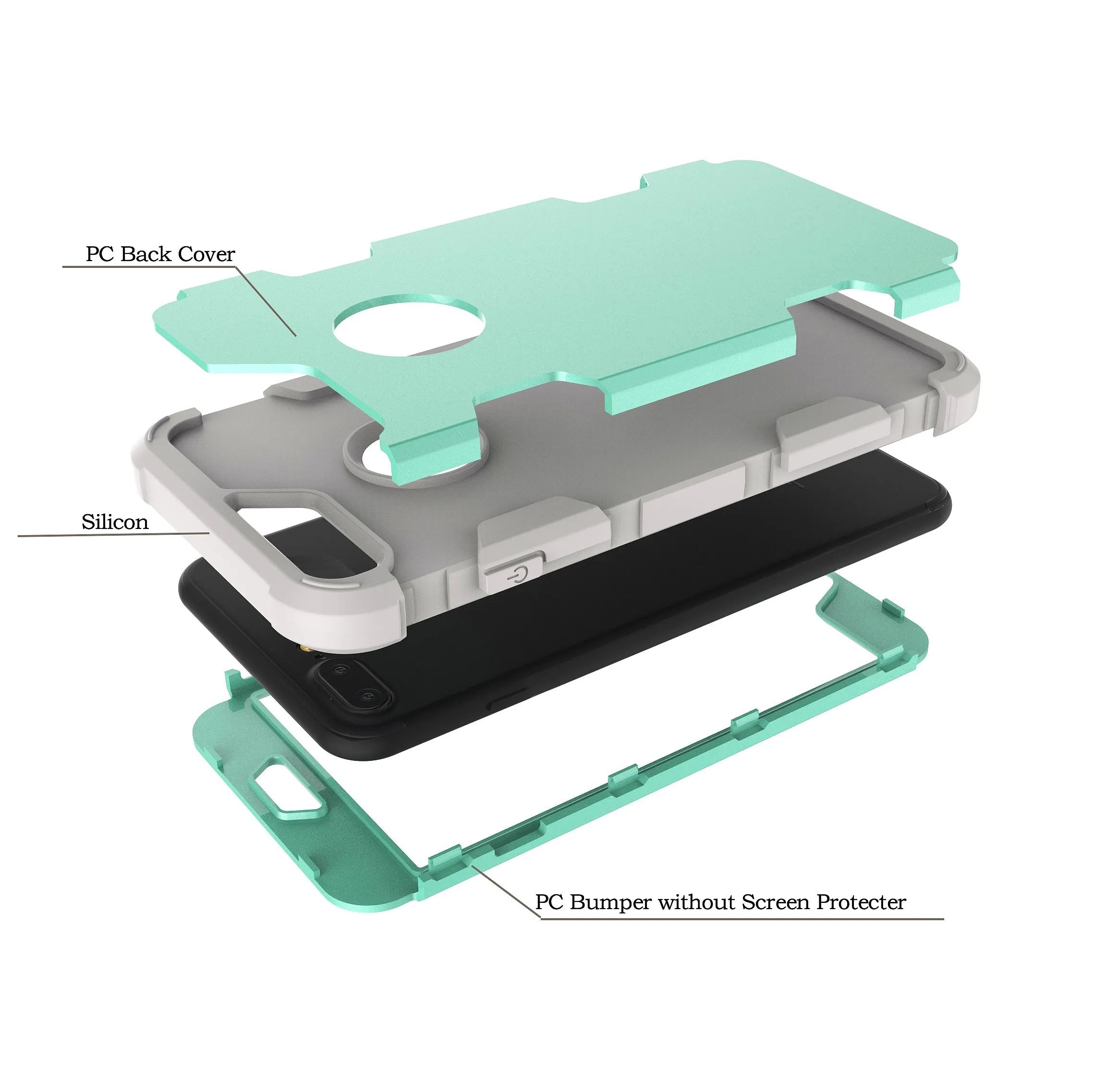 For iPhone 7 plus PC  Silicone 2 in 1 Hit Color Tri-proof Shockproof Dustproof Anti-fall Protective Cover Back Case black