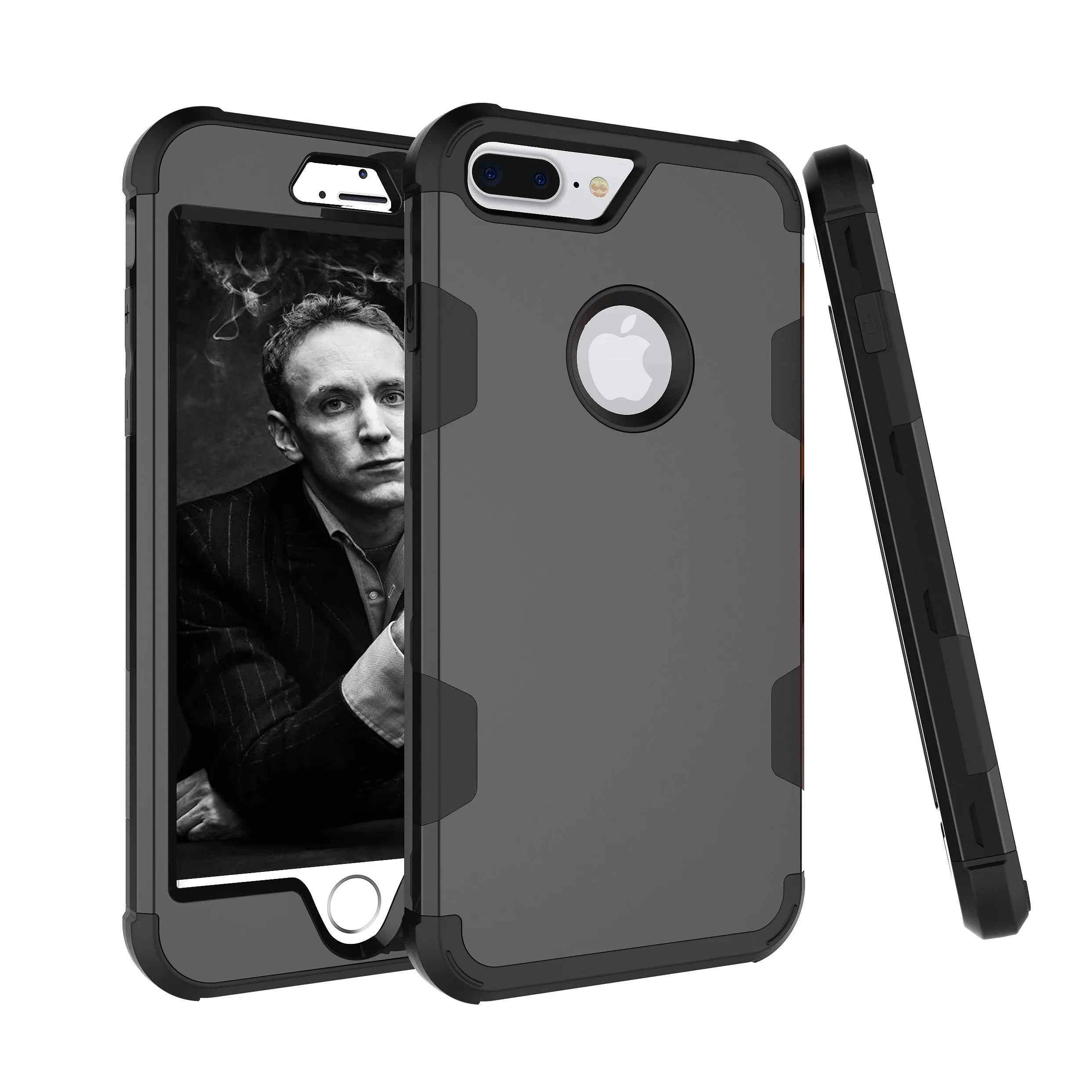 For iPhone 7 plus PC  Silicone 2 in 1 Hit Color Tri-proof Shockproof Dustproof Anti-fall Protective Cover Back Case black