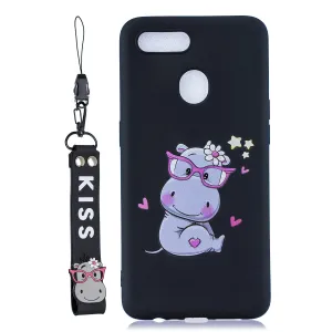 For OPPO A7 Cartoon Lovely Coloured Painted Soft TPU Back Cover Non-slip Shockproof Full Protective Case with Lanyard black